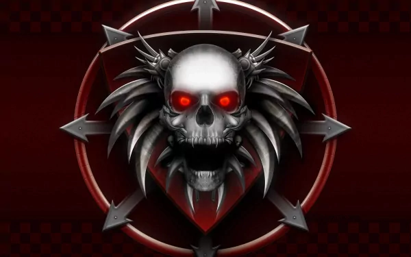 HD desktop wallpaper featuring a dark, menacing skull with glowing red eyes and metal spikes, set against a deep red and black background.