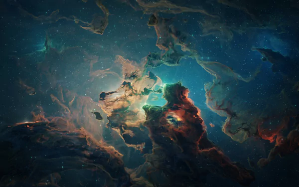 4K Ultra HD PC desktop wallpaper and background: sci‑fi nebula of teal and amber clouds, towering dark pillars and distant stars swirling around a luminous central core.