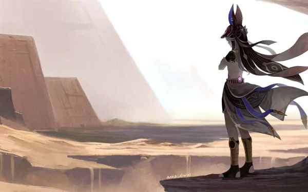 Cyno from Genshin Impact stands on a cliff edge overlooking a vast desert landscape in this 4K Ultra HD PC desktop wallpaper.