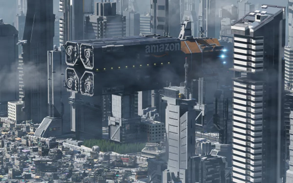 HD wallpaper of a futuristic spaceship branded with Amazon flying between high-rise buildings in a densely populated sci-fi cityscape.