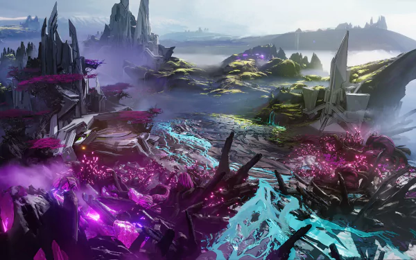 HD fantasy landscape wallpaper featuring a mystical scene with vibrant purple crystals and misty mountainous backdrop under a dusk sky.