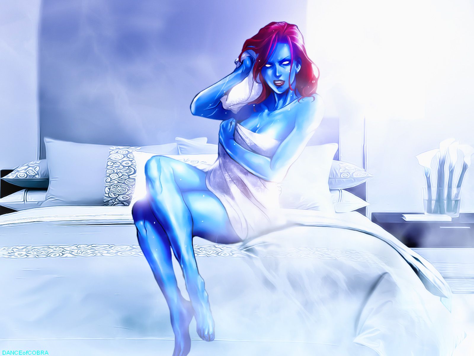 Mystique in bed, with red hair, white eyes, and a towel. An image related to the X-Men comics.