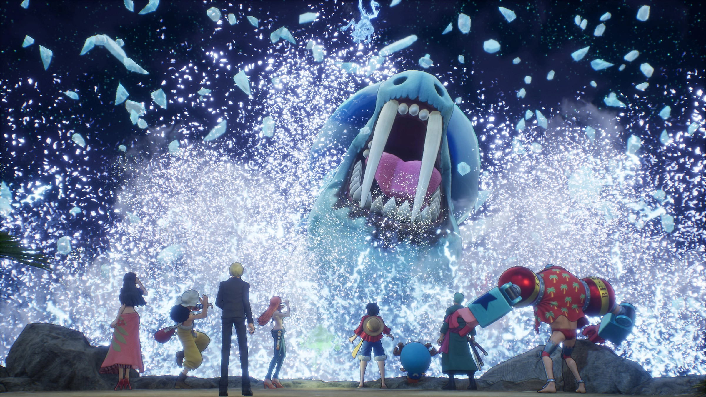HD desktop wallpaper from One Piece Odyssey video game featuring the main characters confronting a large, menacing sea creature amidst splashing water.