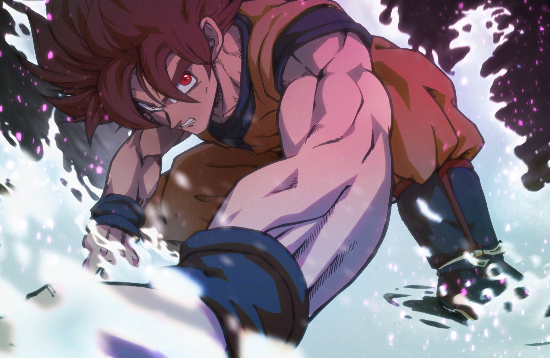 HD PC desktop wallpaper featuring Goku in his Super Saiyan God form from the anime Dragon Ball Z, showcasing dynamic action and vibrant energy effects.