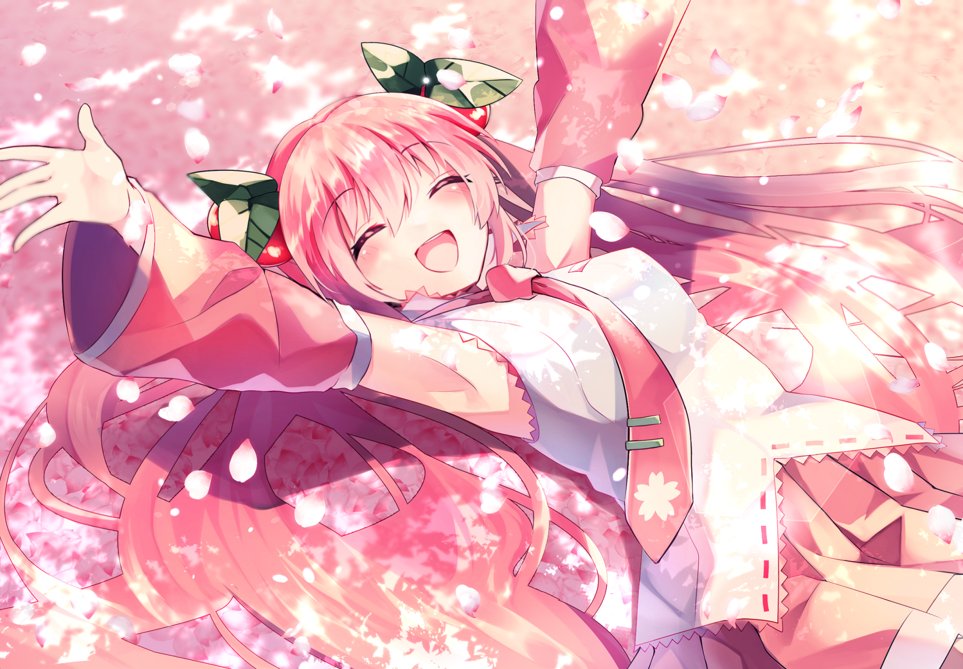Hatsune Miku in vibrant pink hues, surrounded by cherry blossoms, featured in an anime-style HD PC desktop wallpaper as part of the Vocaloid series.