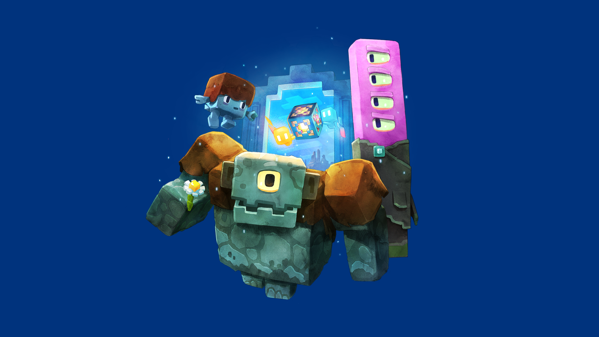 HD desktop wallpaper from Minecraft Legends featuring a stylized golem character against a vibrant blue background.