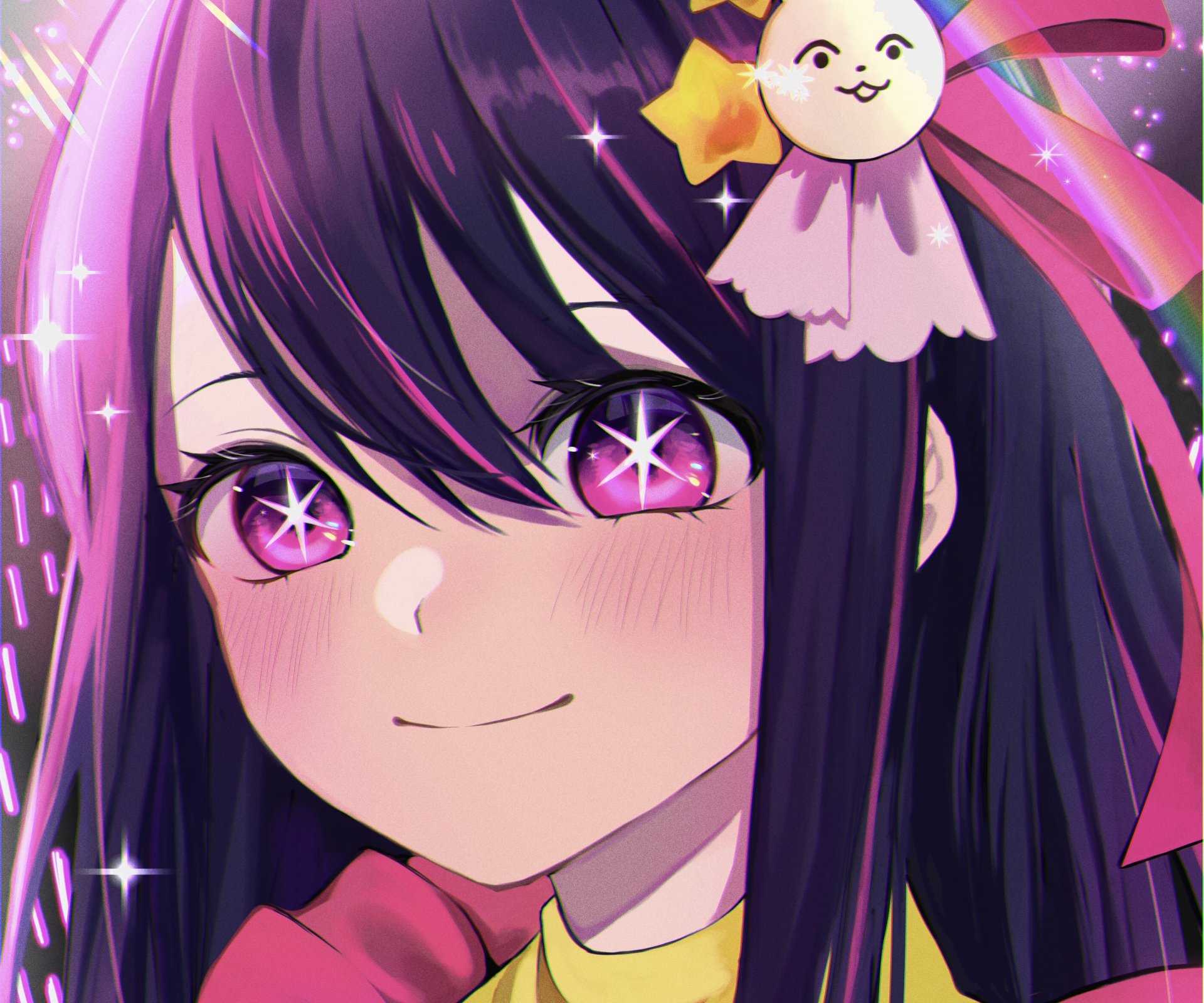 Close-up portrait of Ai Hoshino from Oshi no Ko: sparkling starry pink eyes, soft blush, long dark-purple hair with pink ribbons and sparkles — 2K Quad HD anime PC wallpaper.