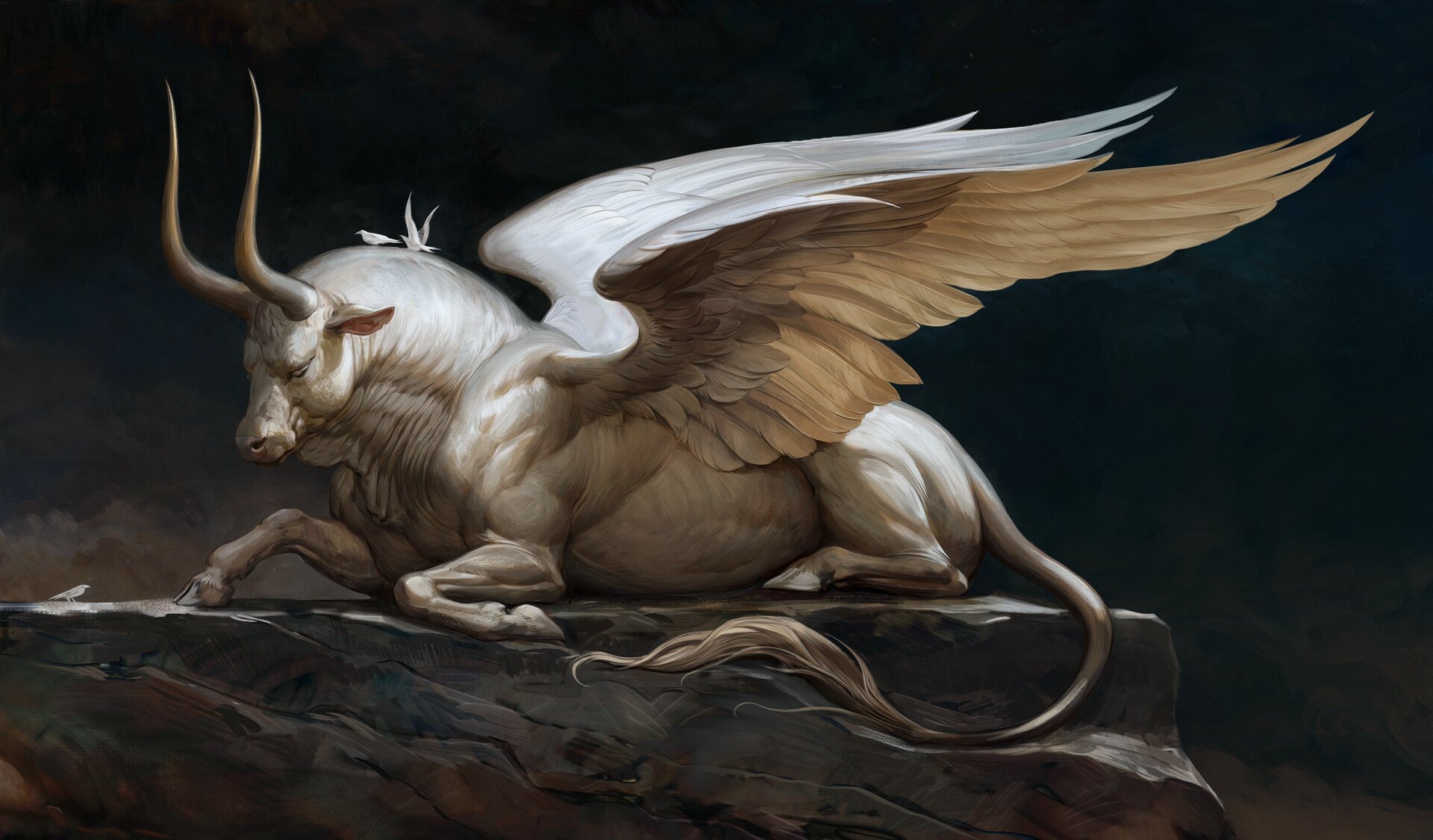 HD PC desktop wallpaper background: a majestic fantasy animal — a white winged bull with long horns and feathered wings reclining on a rocky cliff under a stormy sky.