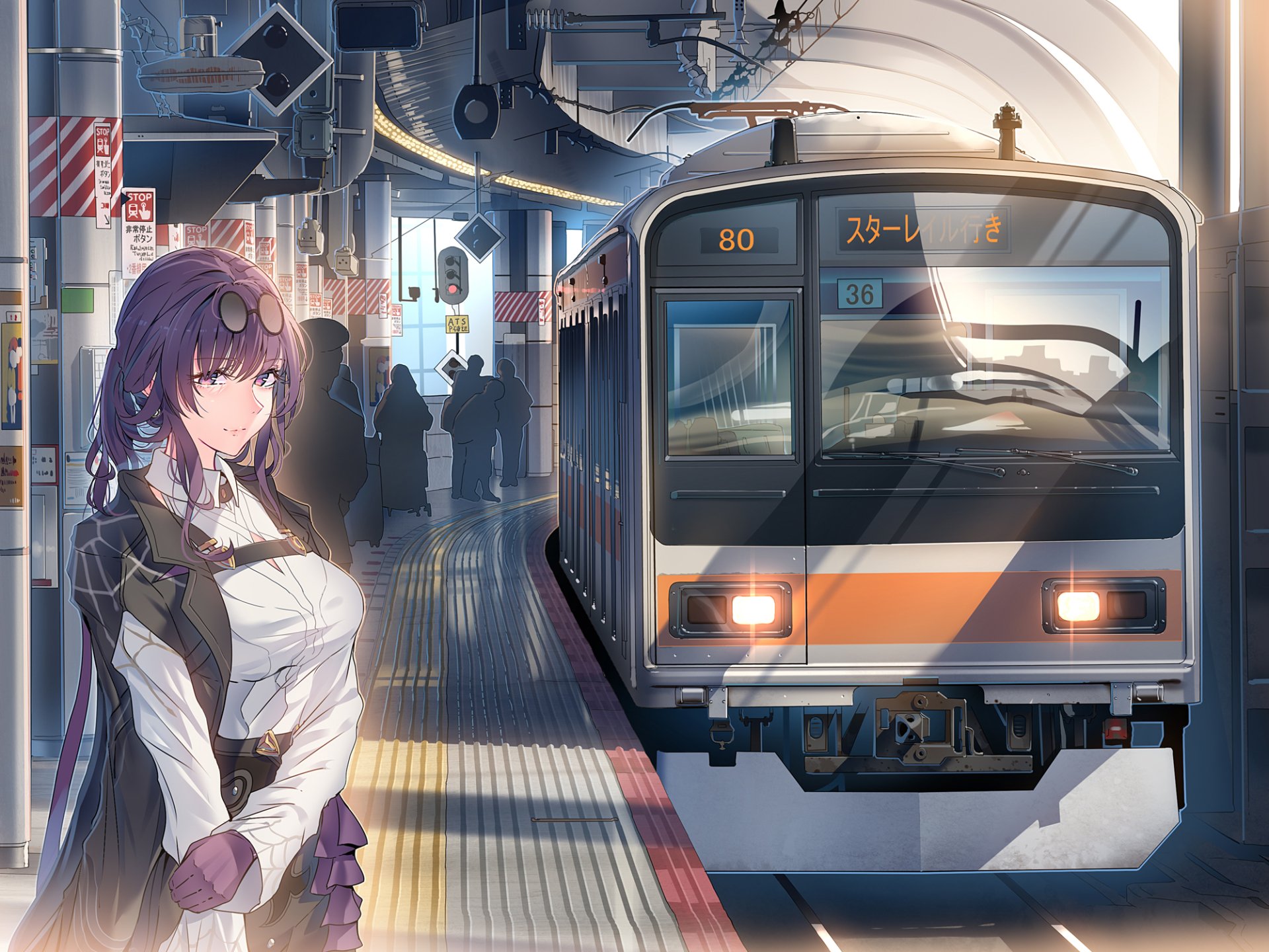 HD desktop wallpaper featuring Kafka from the video game Honkai: Star Rail standing on a train platform beside an arriving train.