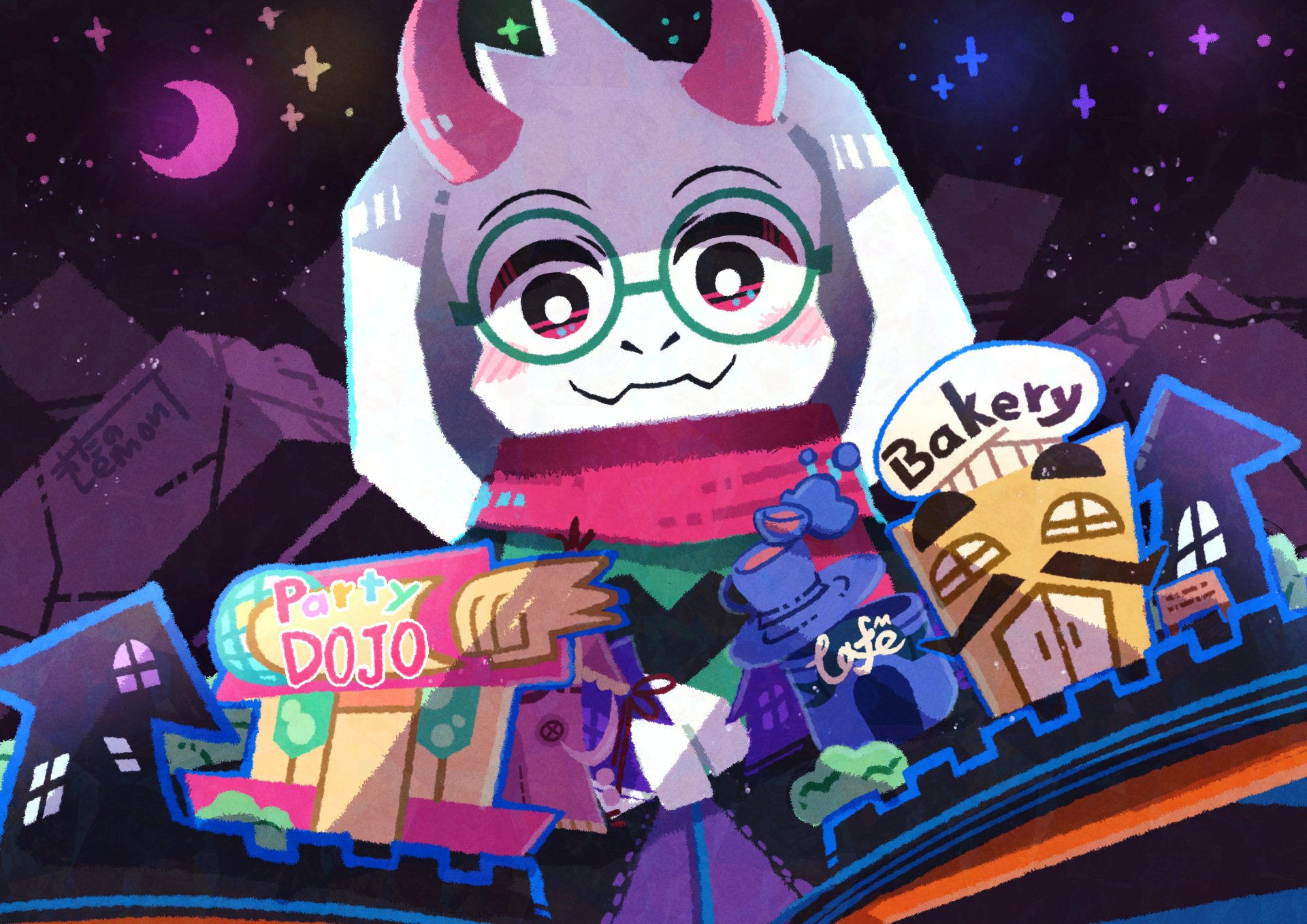 4K Ultra HD desktop wallpaper featuring Ralsei from Deltarune in a colorful, vibrant video game setting with neon signs for a party dojo, cafe, and bakery under a starry night sky.