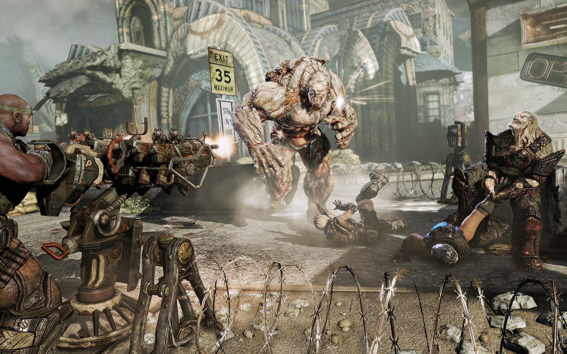 HD PC desktop wallpaper featuring intense combat from the video game Gears of War 3, showcasing armored soldiers battling a monstrous enemy in a war-torn urban setting.