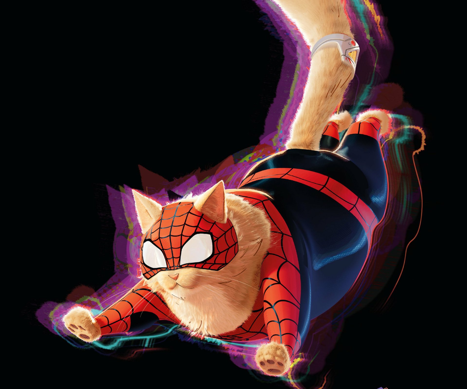 HD wallpaper of Spider-Man: Across the Spider-Verse featuring a cat in a Spider-Man costume, leaping through darkness with vibrant effects.