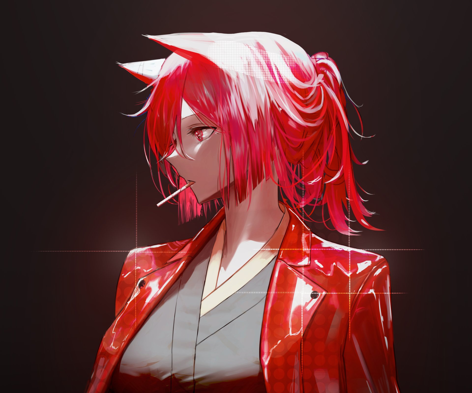 A vibrant 4K Ultra HD anime girl with striking red hair and a glossy red jacket, set against a dark background, designed as a PC desktop wallpaper.