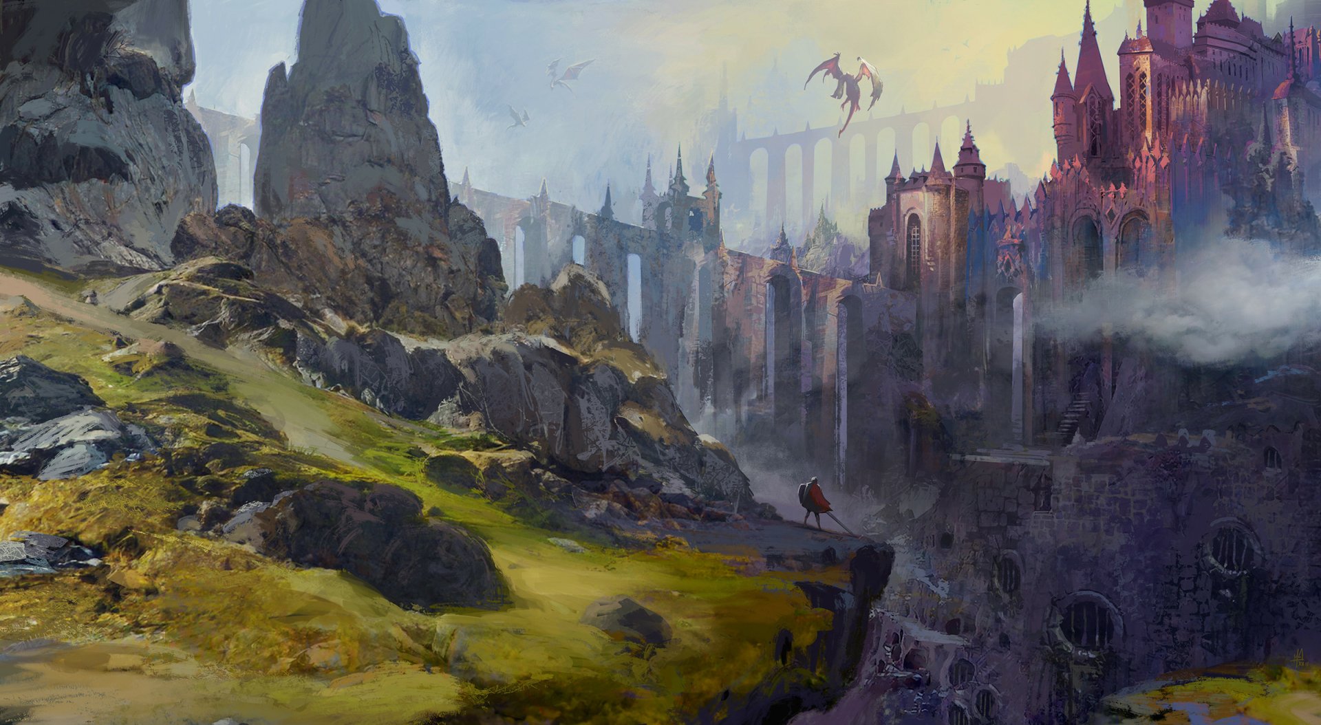 Fantasy cityscape with towering castles and dragons soaring above rocky cliffs, depicted in a vivid HD PC desktop wallpaper background.