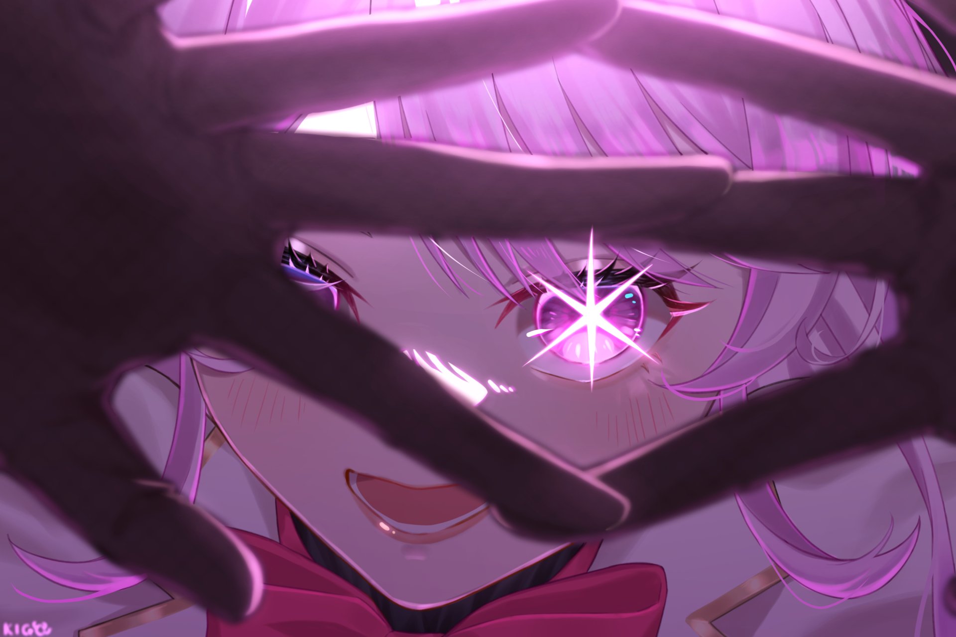 Anime HD desktop wallpaper featuring Ai Hoshino from Oshi no Ko, with a close-up on her sparkling eyes framed by hands in vivid purple and pink tones.