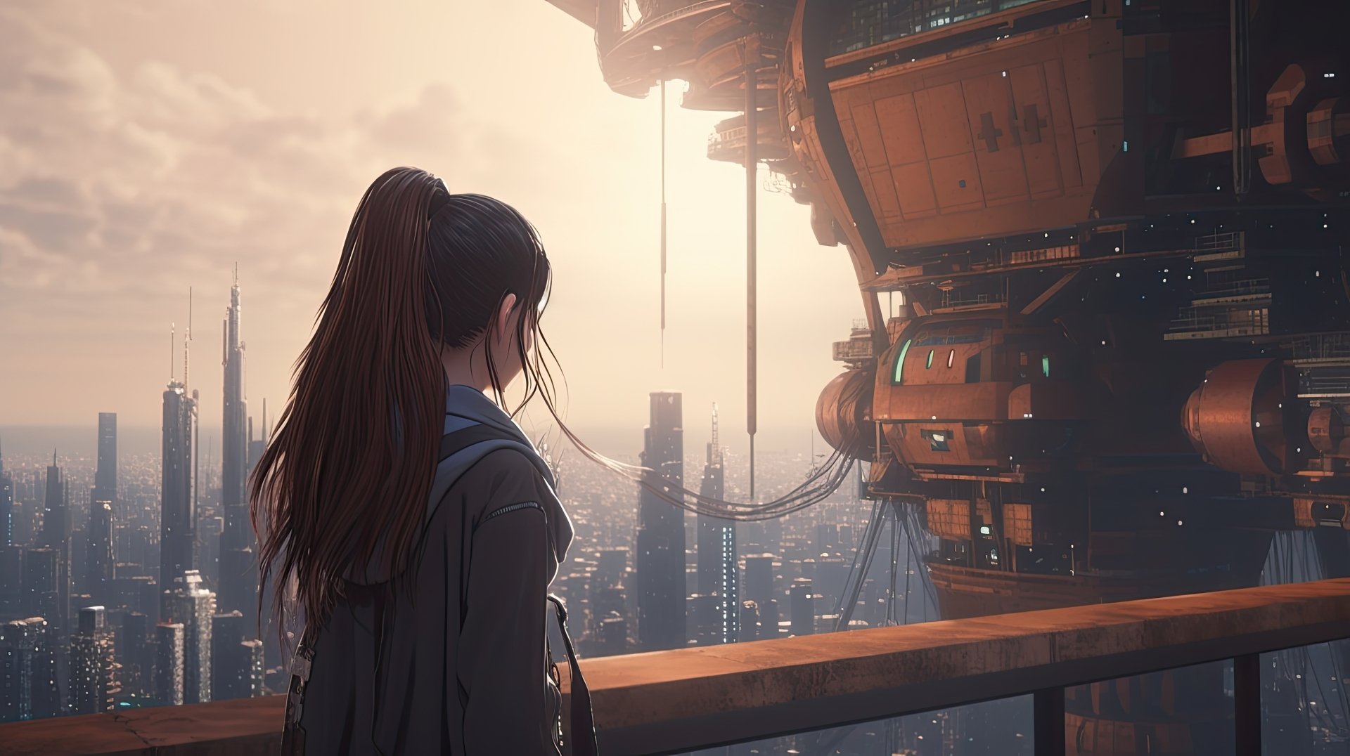 A fantasy cityscape at sunset viewed by a silhouetted figure, rendered in stunning 8K Ultra HD as a detailed PC desktop wallpaper and background.