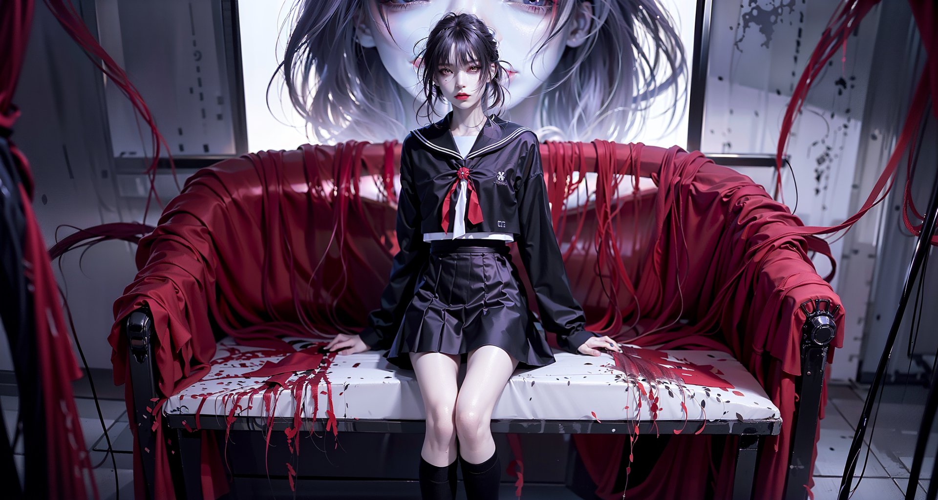 AI art HD anime girl in a dark school uniform sits on a blood-soaked red sofa, with a large ominous face in the background, creating a striking PC desktop wallpaper.