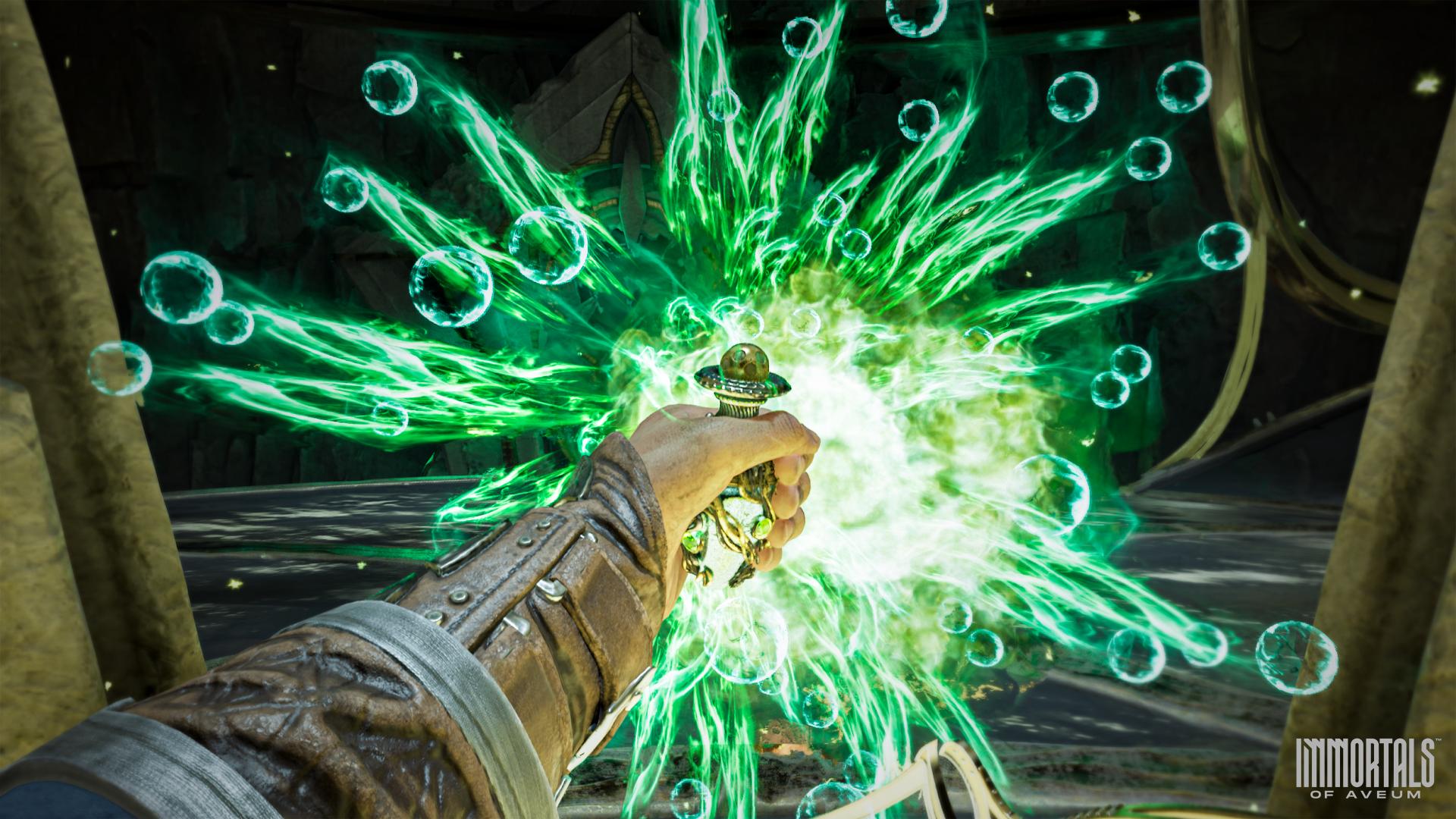 A dynamic HD wallpaper from Immortals of Aveum, showcasing a character casting a powerful, vibrant green spell surrounded by magical bubbles and energy.