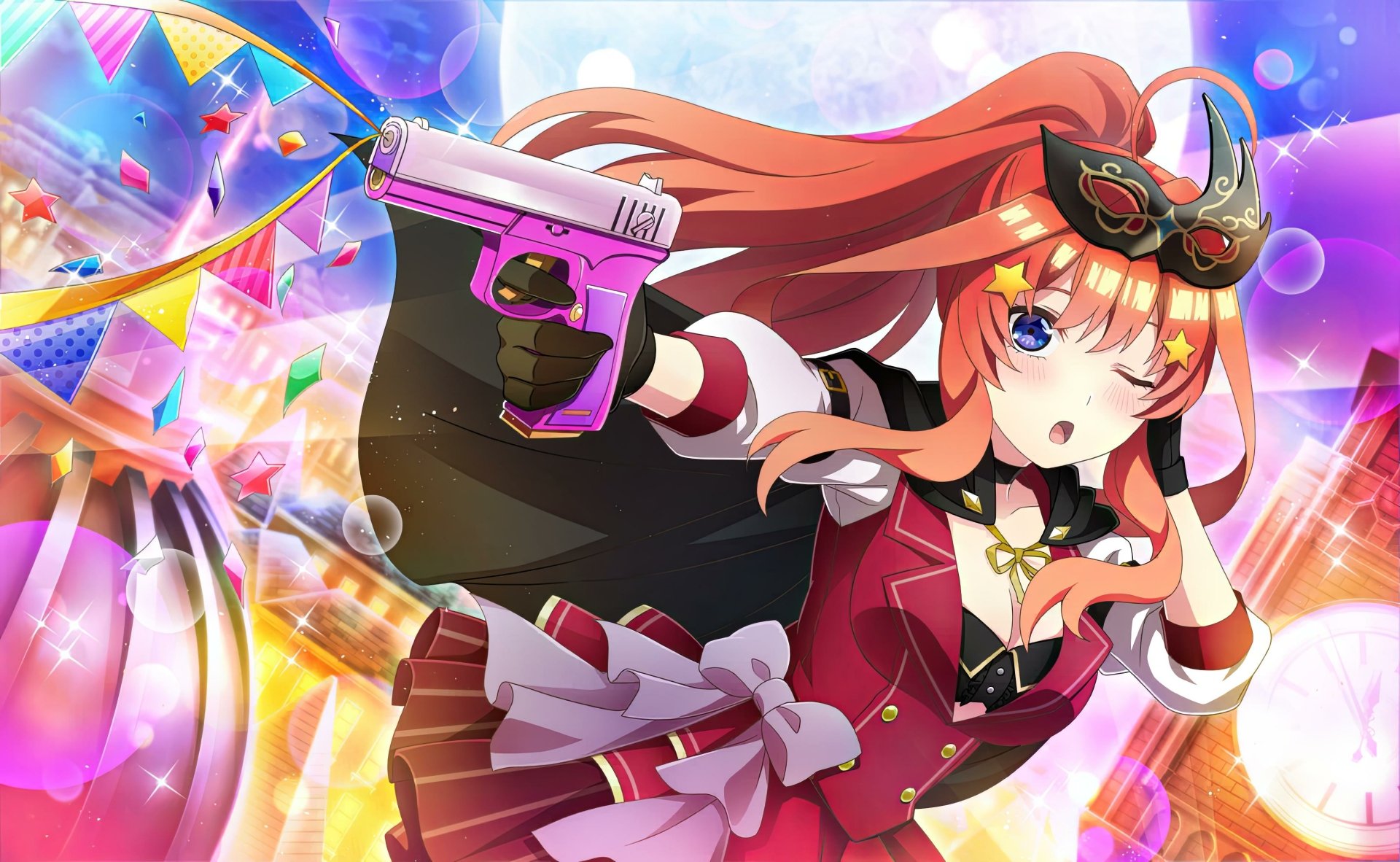HD anime desktop wallpaper featuring Itsuki Nakano from The Quintessential Quintuplets dressed in a colorful, dynamic outfit holding a vibrant pink water gun.