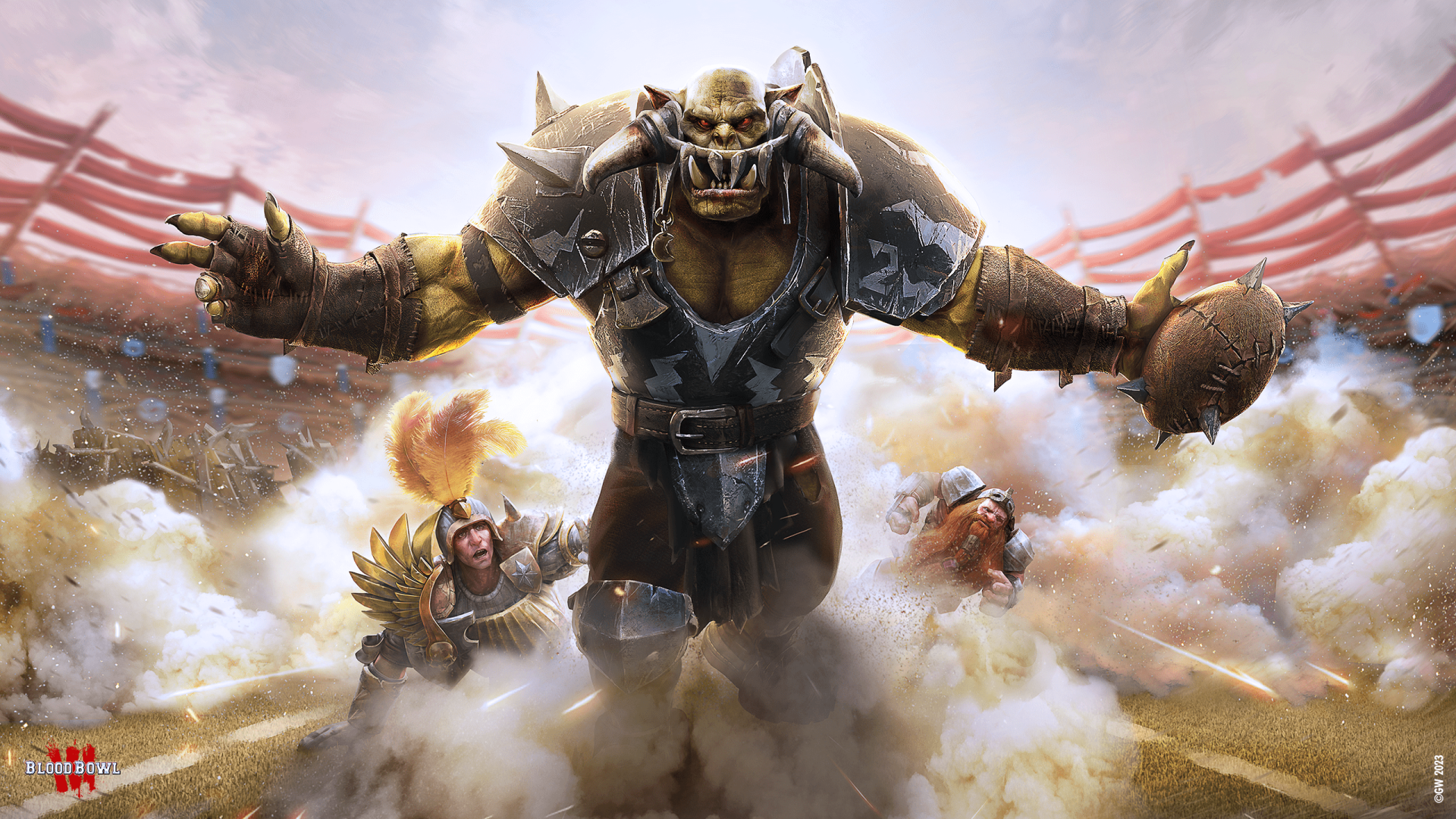 HD desktop wallpaper from Blood Bowl 3 featuring an orc player triumphantly standing on a smoky football field, surrounded by defeated opponents.