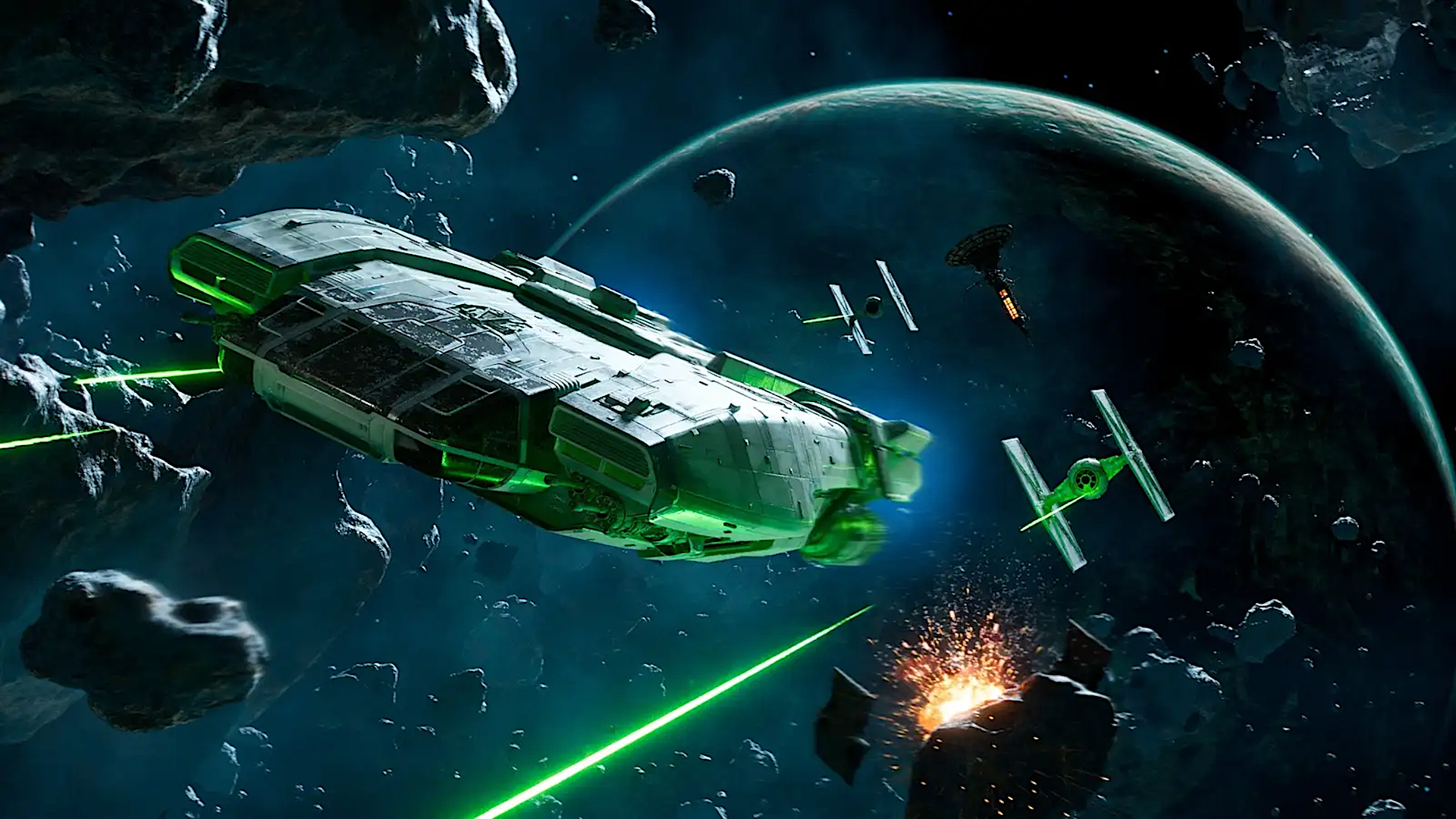 HD PC desktop wallpaper of the video game Star Wars Outlaws: a green-lit transport and starfighters exchanging laser fire amid an asteroid field with a distant planet looming.