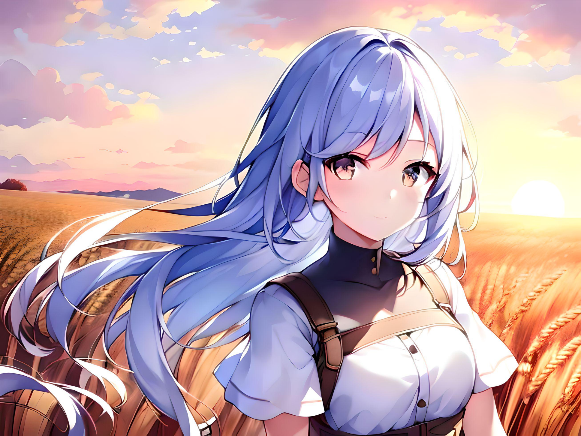 Anime-style girl with long blue hair stands in a golden wheat field at sunset, rendered in detailed 4K Ultra HD AI art as a vibrant PC desktop wallpaper.
