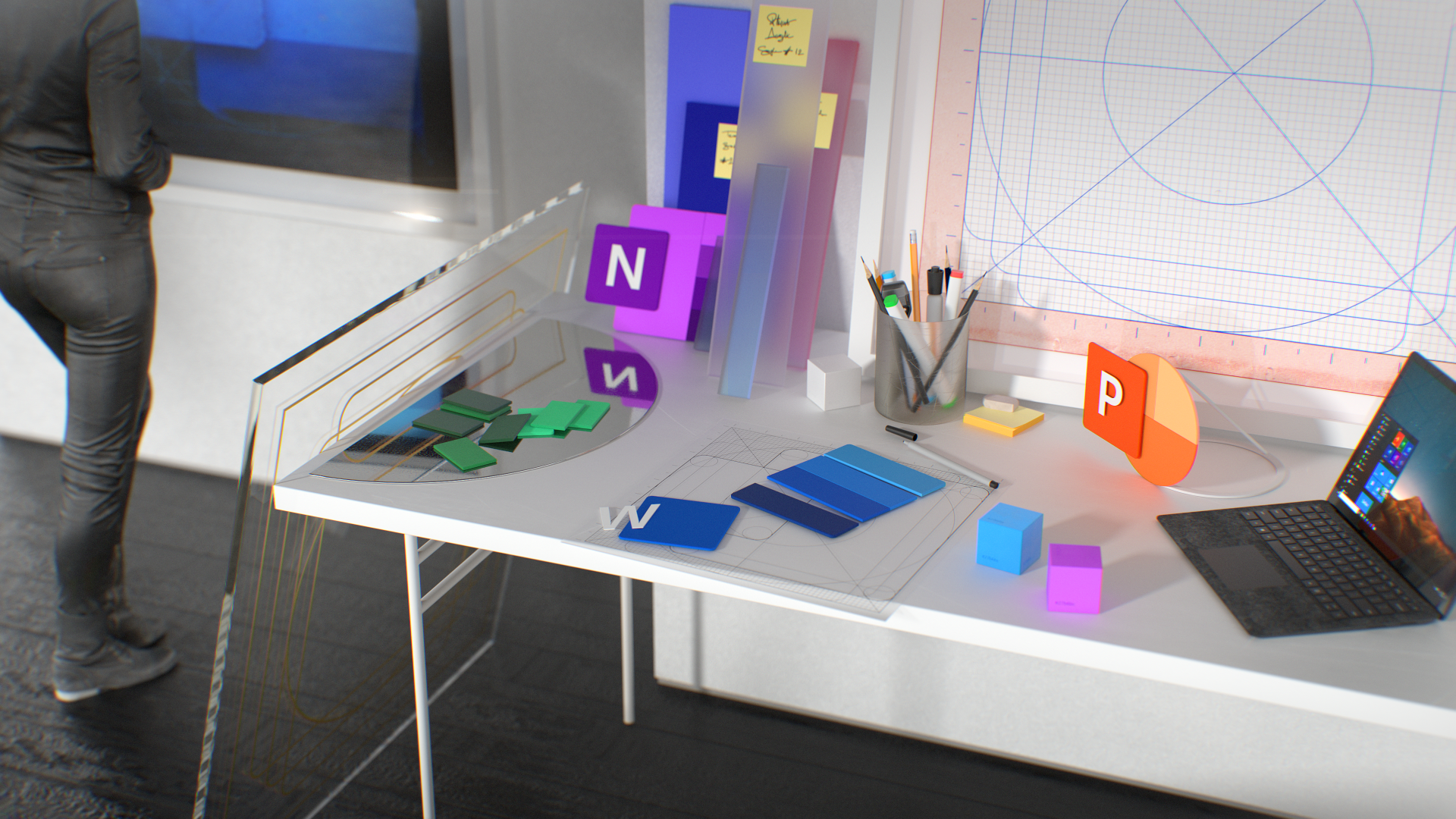 4K Ultra HD PC desktop wallpaper of a technology workspace featuring colorful 3D Microsoft Office app blocks (Word, Excel, PowerPoint, OneNote) scattered across a desk.