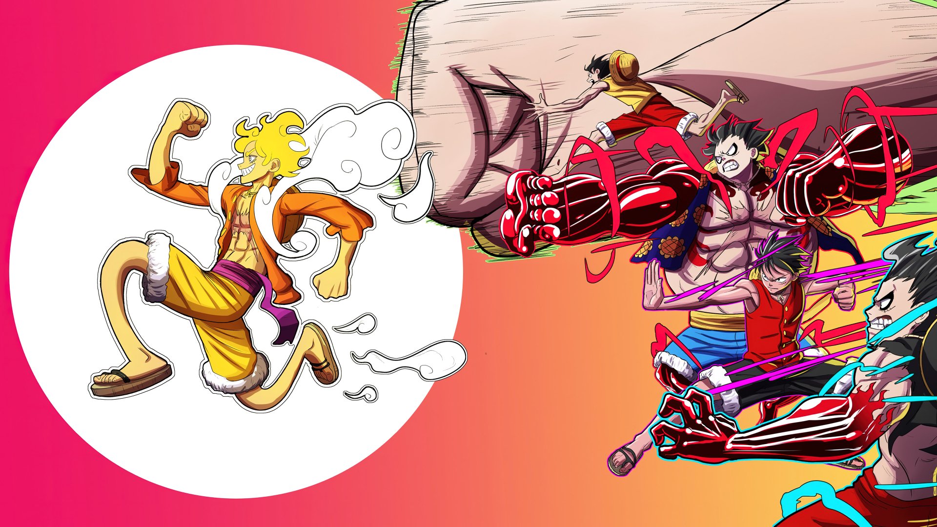 4K Ultra HD anime wallpaper featuring Monkey D. Luffy in his Gear 5 and Gear Fourth forms from One Piece, showcasing dynamic action and vibrant colors.