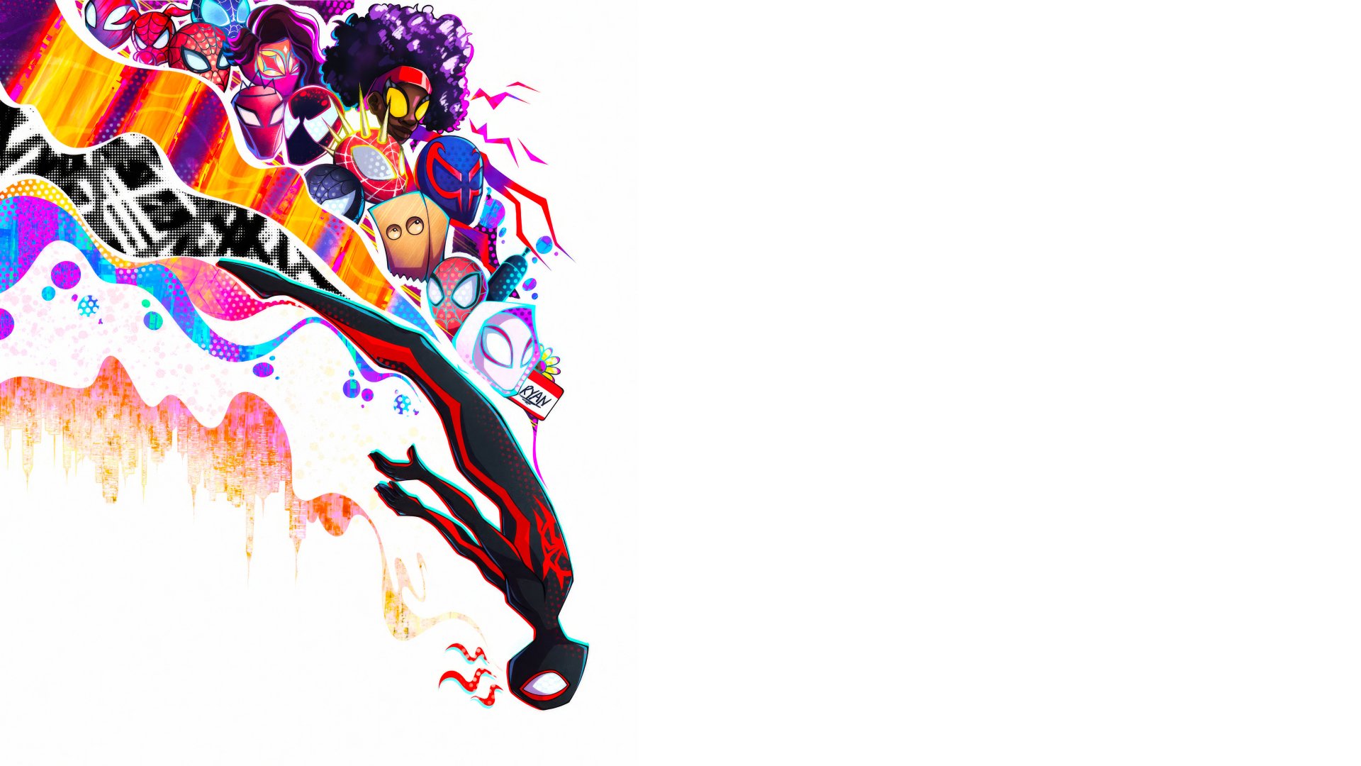 Vibrant 4K Ultra HD Spider-Man: Across the Spider-Verse movie wallpaper featuring multiple Spider-Man characters in dynamic poses against a white background.