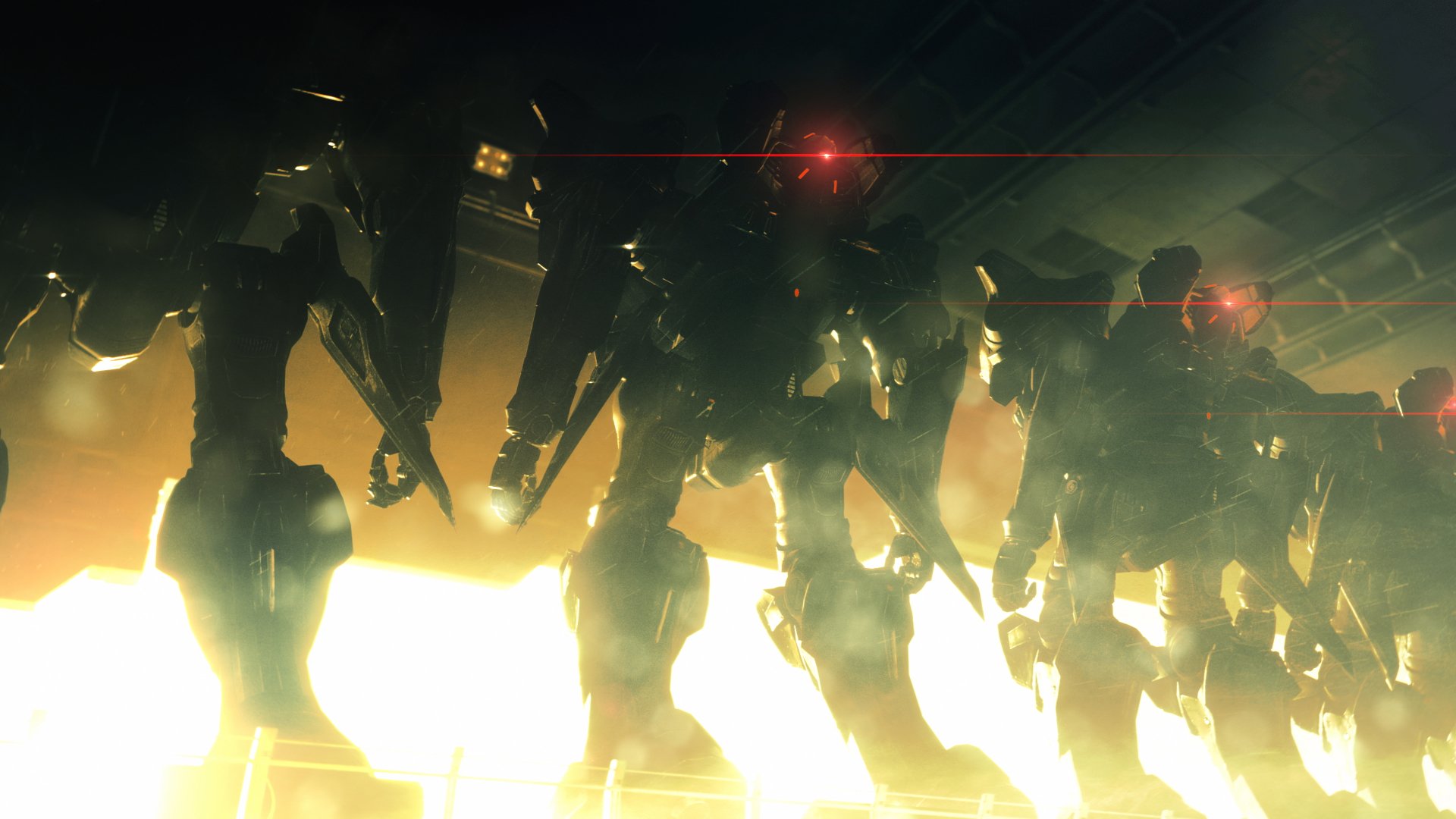 HD wallpaper of Armored Core VI: Fires of Rubicon featuring mechs poised for action amidst glowing lights and haze.