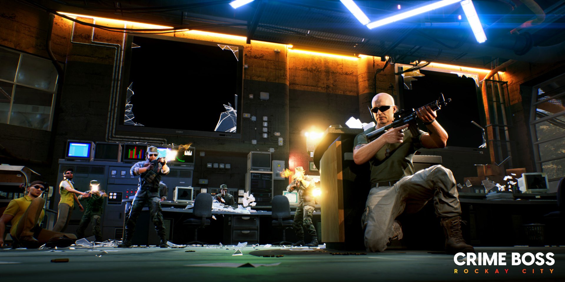 HD desktop wallpaper from Crime Boss: Rockay City video game depicting a tense shootout in a surveillance room.