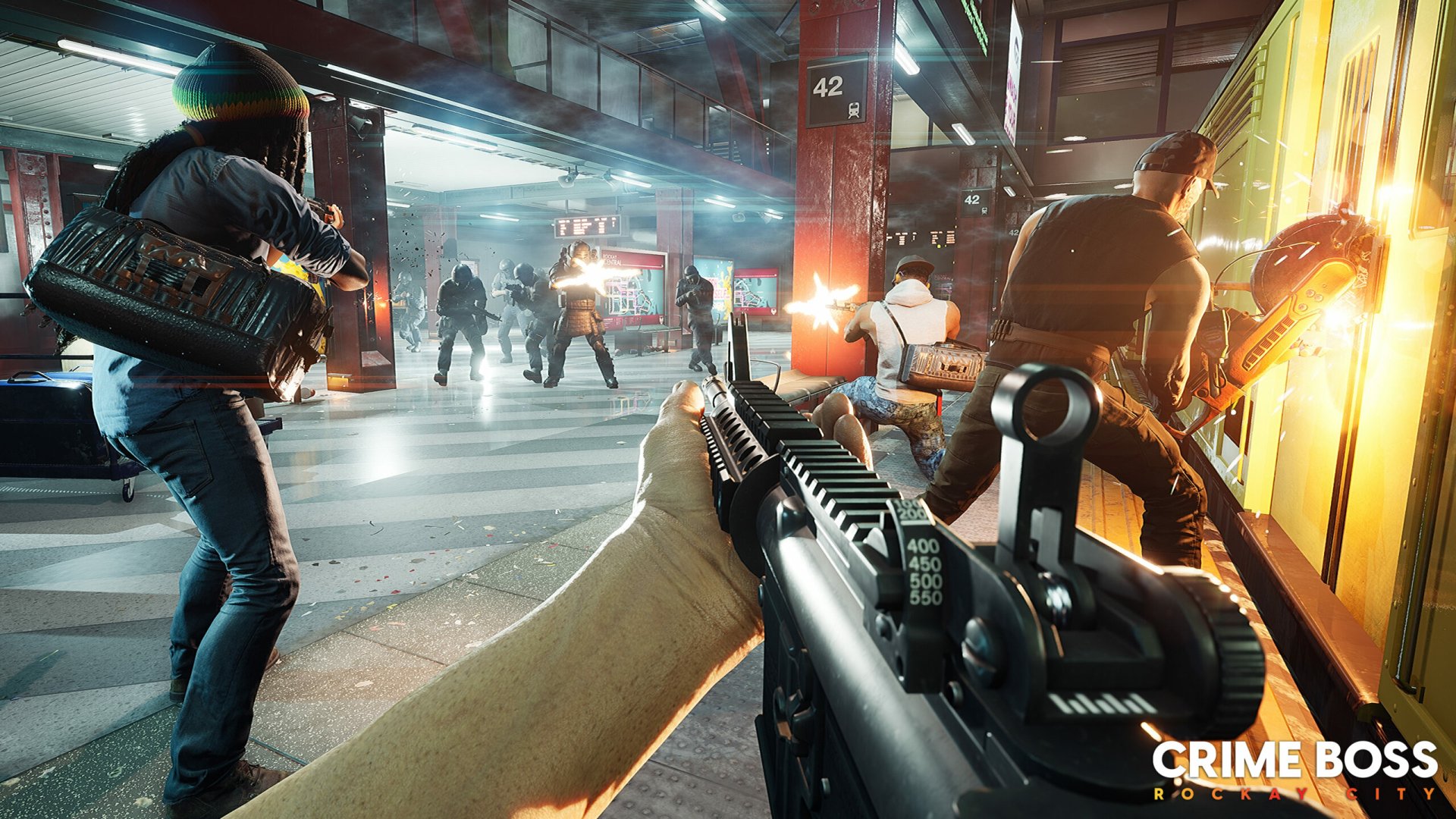 HD desktop wallpaper from the video game Crime Boss: Rockay City, featuring a first-person shooter view of an armed heist in a bustling urban environment.