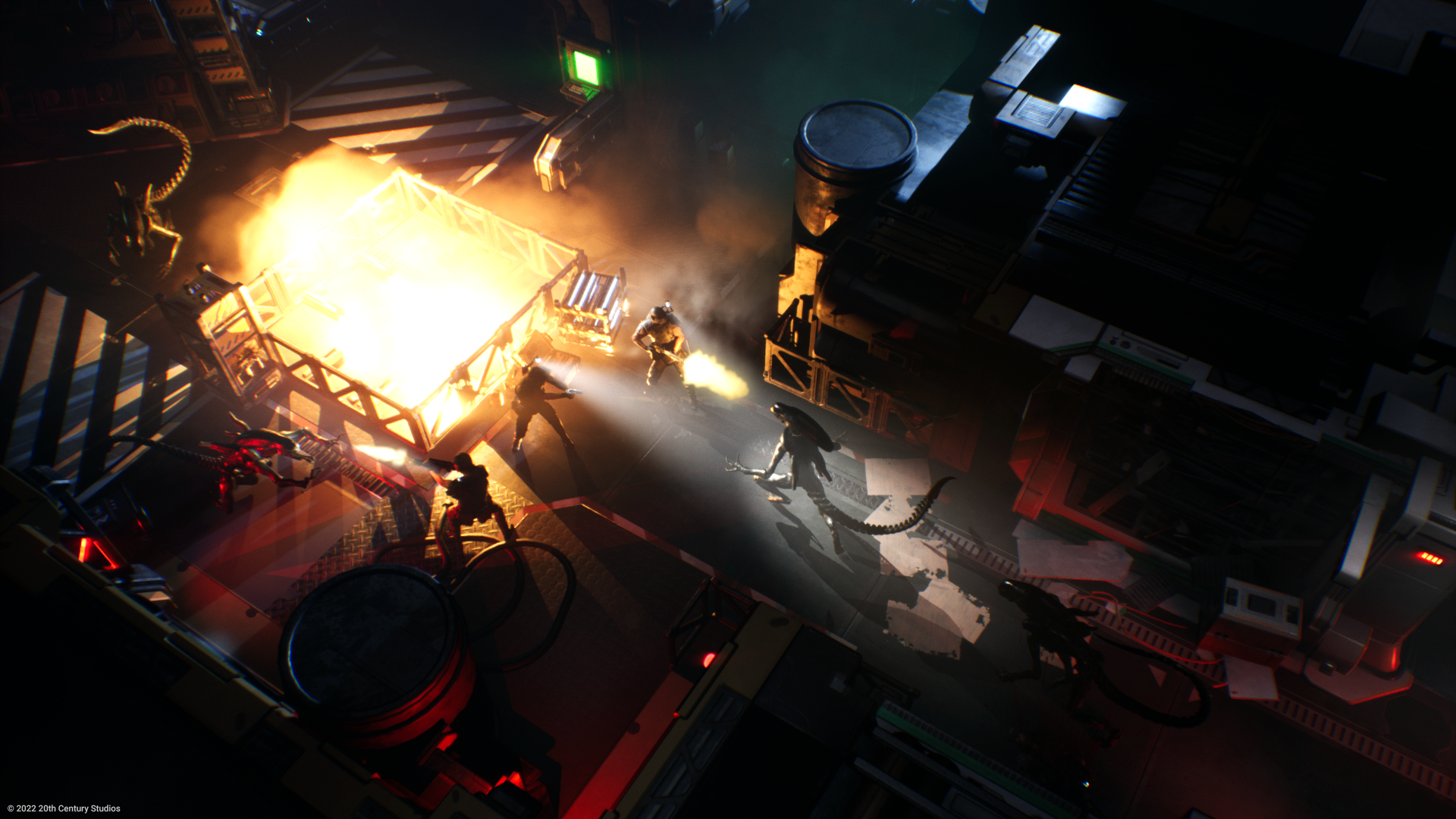 HD desktop wallpaper from the video game Aliens: Dark Descent featuring a tense battle scene in a dimly lit industrial setting.
