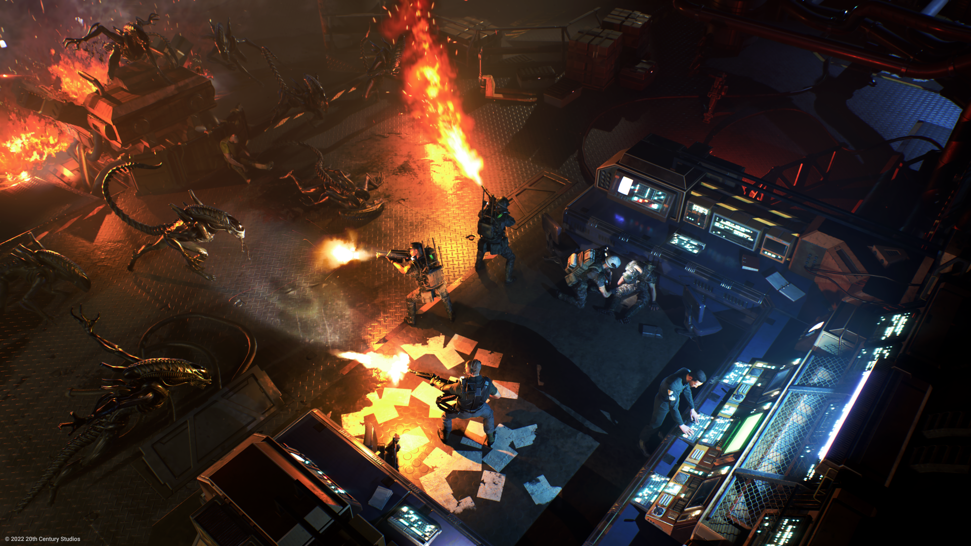 HD wallpaper from the video game Aliens: Dark Descent featuring a tense battle scene with soldiers and aliens in a fiery, chaotic environment.