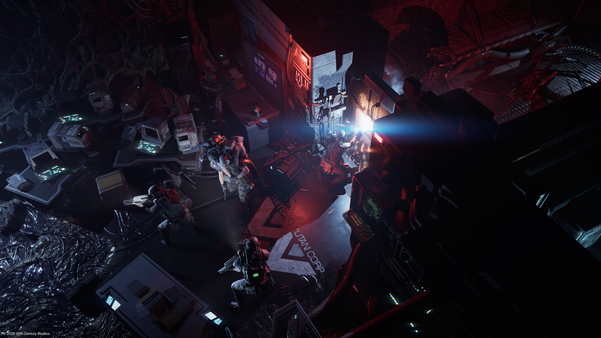 HD desktop wallpaper featuring a scene from the video game Aliens: Dark Descent, with soldiers battling aliens in a dark, chaotic environment.