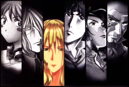 HD anime desktop wallpaper featuring close-up portraits of the main characters from Cowboy Bebop, each highlighted in vertical panels with a dramatic, moody style.