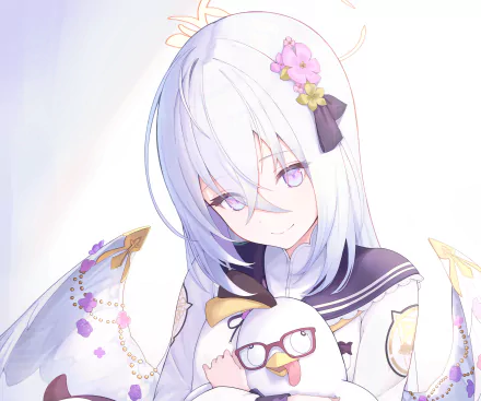 4K Ultra HD PC desktop wallpaper: Blue Archive anime girl with long white hair, violet eyes, floral hairpin and sailor-style outfit on a soft pastel background.