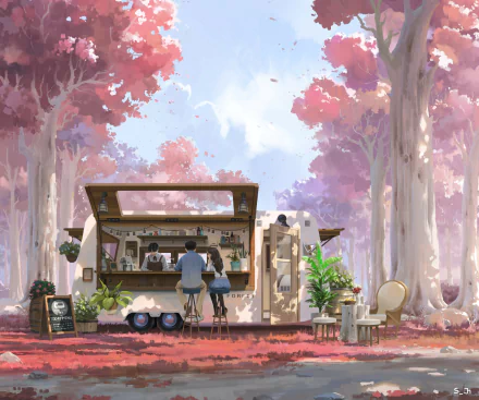 Aesthetic, artistic 4K Ultra HD wallpaper depicting two people seated at a cozy outdoor café surrounded by pink and purple trees in a serene forest setting.