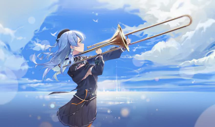 4K Ultra HD wallpaper featuring Hoshimachi Suisei from hololive playing a trombone against a bright, cloud-filled sky in anime-style as a Virtual YouTuber.