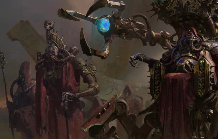 HD PC desktop wallpaper featuring dark, intricate Warhammer 40k characters with mechanical and gothic elements, capturing the intense atmosphere of the video game universe.