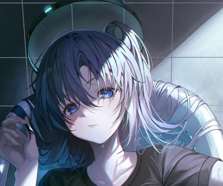 Hayase Yuuka (Blue Archive) anime portrait — blue-gray hair, vivid blue eyes, soft lighting; 2K Quad HD video game desktop wallpaper/background.