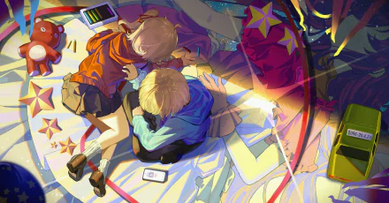 Anime-style 4K Ultra HD wallpaper featuring Ruby Hoshino and Aquamarine Hoshino from Oshi no Ko, depicted in a vibrant, colorful scene on a PC desktop background.