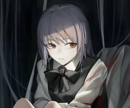 Anime-style HD PC desktop wallpaper featuring Fami from Chainsaw Man with a somber expression against a dark, shadowy background.