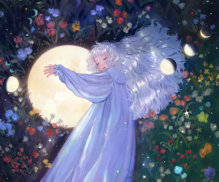 An ethereal anime girl with flowing white hair stands in a vibrant flower-filled garden under a bright moon, surrounded by twinkling stars, creating a magical night scene.
