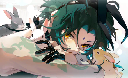 Xiao from Genshin Impact is depicted in a serene moment, surrounded by adorable bunnies, set against a soft, dreamy background in this vibrant 4K Ultra HD wallpaper.
