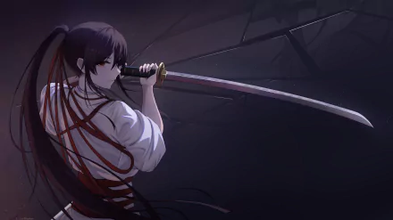HD desktop wallpaper featuring Sagiri from the anime Hell's Paradise. She holds a katana against a dark, shadowy background, poised and intense.