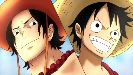 HD desktop wallpaper featuring One Piece characters Portgas D. Ace and Monkey D. Luffy with vibrant colors and dynamic expressions.