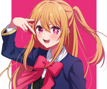 HD PC wallpaper of Ruby Hoshino from Oshi no Ko: cheerful anime girl with long blonde hair, starry pink eyes, navy school uniform and big red bow against a hot pink background.