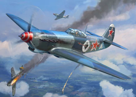 4K Ultra HD digital artwork of a Yakovlev Yak-9 military aircraft engaged in aerial combat, showcasing dynamic action and detailed WWII-era fighter plane design.