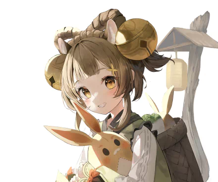 Yaoyao from Genshin Impact smiling while holding a rabbit plush, warm golden tones and crisp detail — 4K Ultra HD video game PC desktop wallpaper/background.